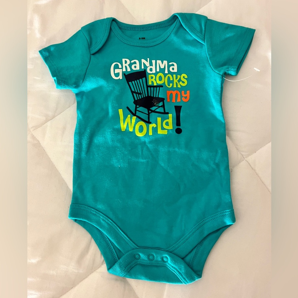 Grandma Rocks My World Teal Onesie